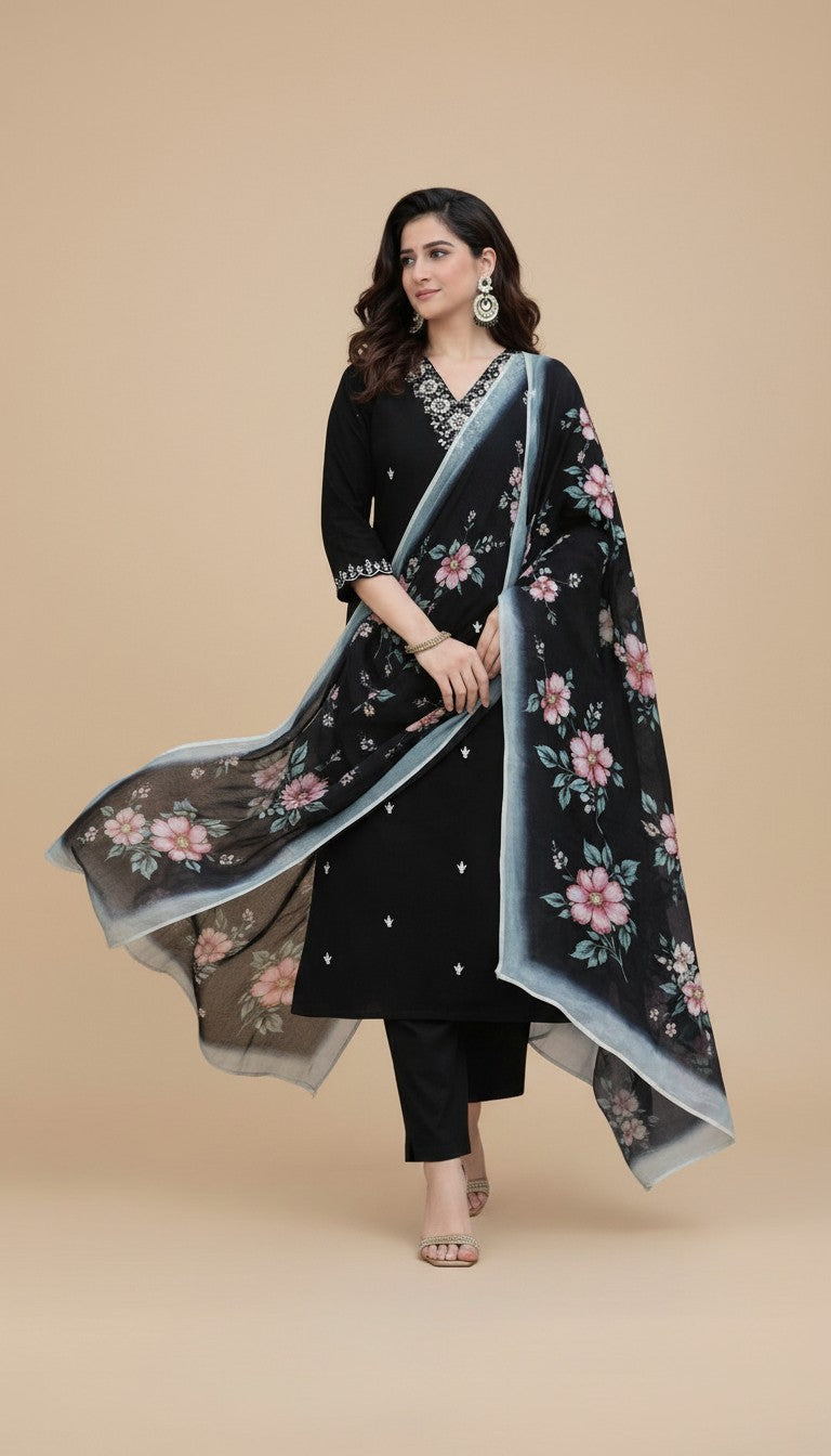 Snuggle Spot Women's Chanderi Silk Ethnic Motif V-Neck 3/4th Sleeve Kurti With Pant Dupatta Set (Black)