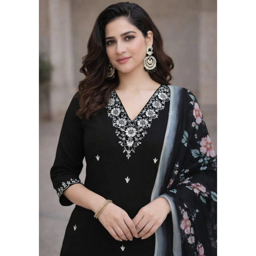 Snuggle Spot Women's Chanderi Silk Ethnic Motif V-Neck 3/4th Sleeve Kurti With Pant Dupatta Set (Black)