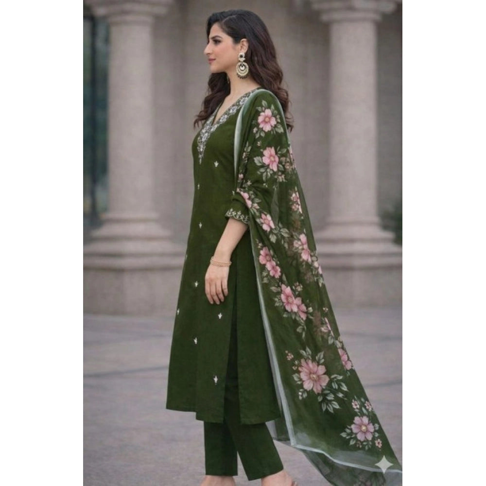 Snuggle Spot Women's Chanderi Silk Ethnic Motif V-Neck 3/4th Sleeve Kurti With Pant Dupatta Set (Mahendi)