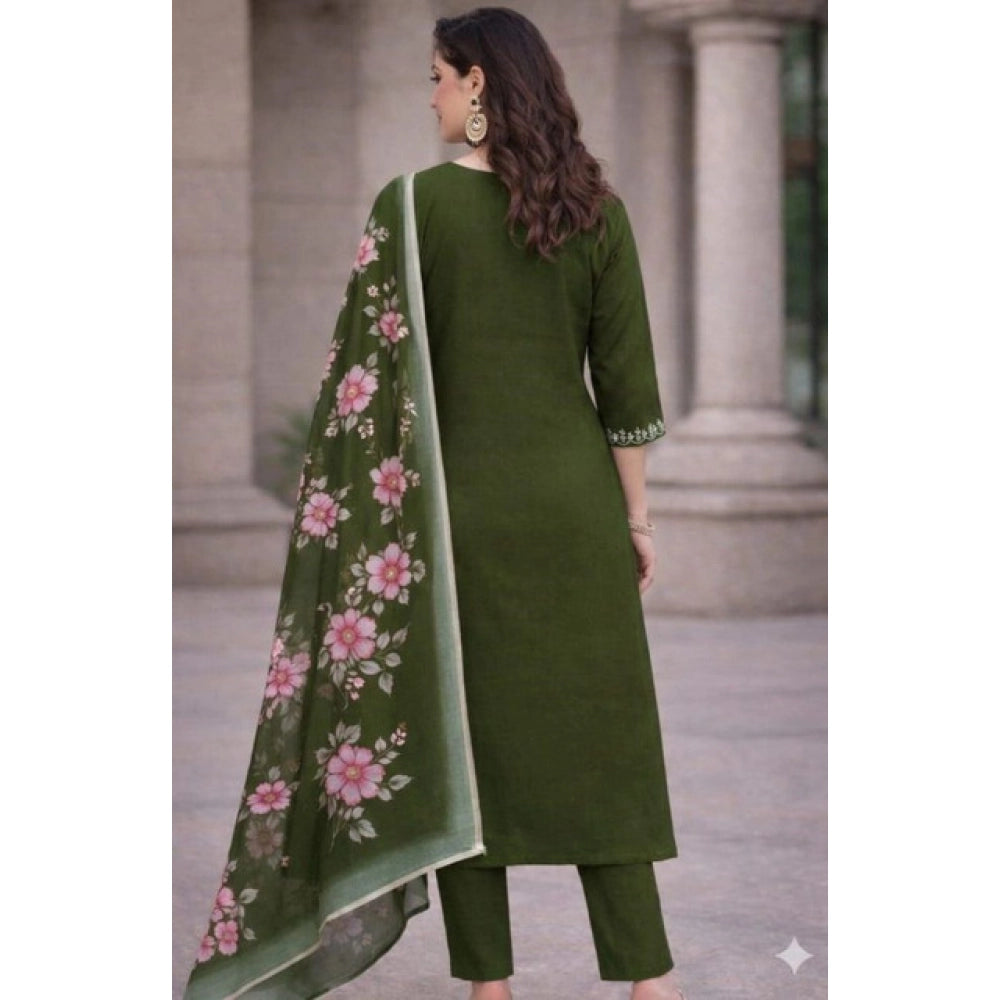 Snuggle Spot Women's Chanderi Silk Ethnic Motif V-Neck 3/4th Sleeve Kurti With Pant Dupatta Set (Mahendi)