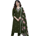Snuggle Spot Women's Chanderi Silk Ethnic Motif V-Neck 3/4th Sleeve Kurti With Pant Dupatta Set (Mahendi)
