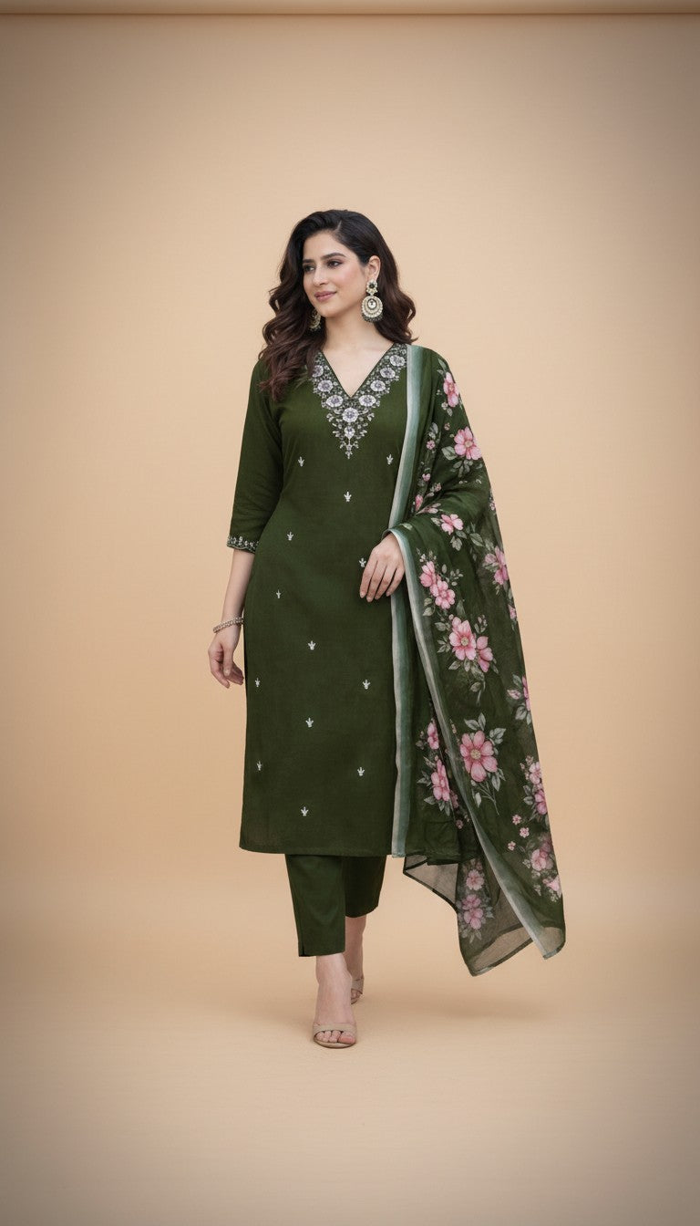 Snuggle Spot Women's Chanderi Silk Ethnic Motif V-Neck 3/4th Sleeve Kurti With Pant Dupatta Set (Mahendi)