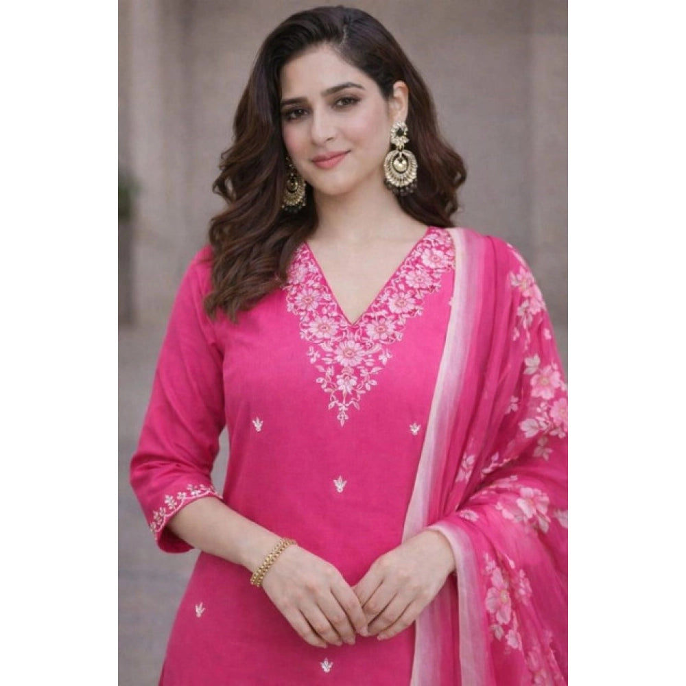 Snuggle Spot Women's Chanderi Silk Ethnic Motif V-Neck 3/4th Sleeve Kurti With Pant Dupatta Set (Pink)