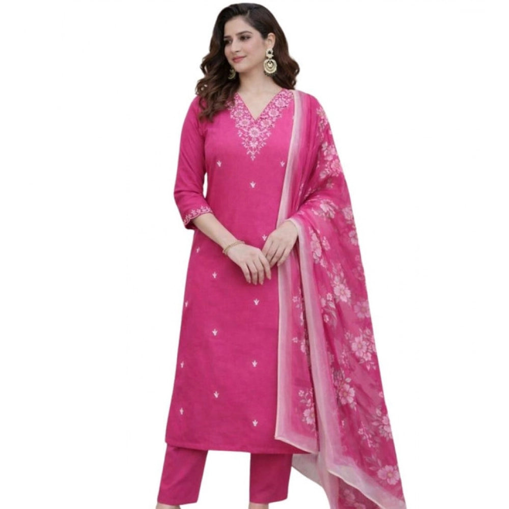 Snuggle Spot Women's Chanderi Silk Ethnic Motif V-Neck 3/4th Sleeve Kurti With Pant Dupatta Set (Pink)