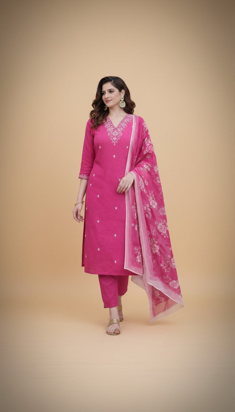 Snuggle Spot Women's Chanderi Silk Ethnic Motif V-Neck 3/4th Sleeve Kurti With Pant Dupatta Set (Pink)