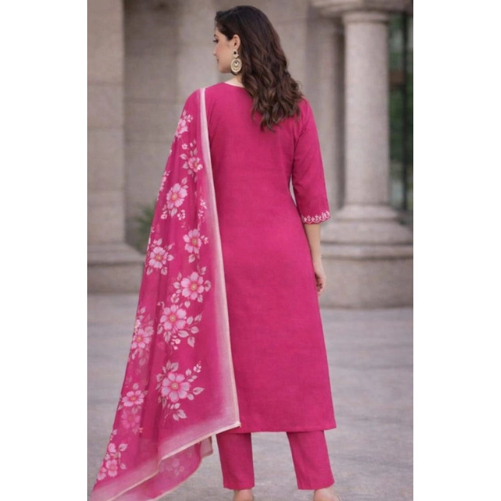 Snuggle Spot Women's Chanderi Silk Ethnic Motif V-Neck 3/4th Sleeve Kurti With Pant Dupatta Set (Pink)