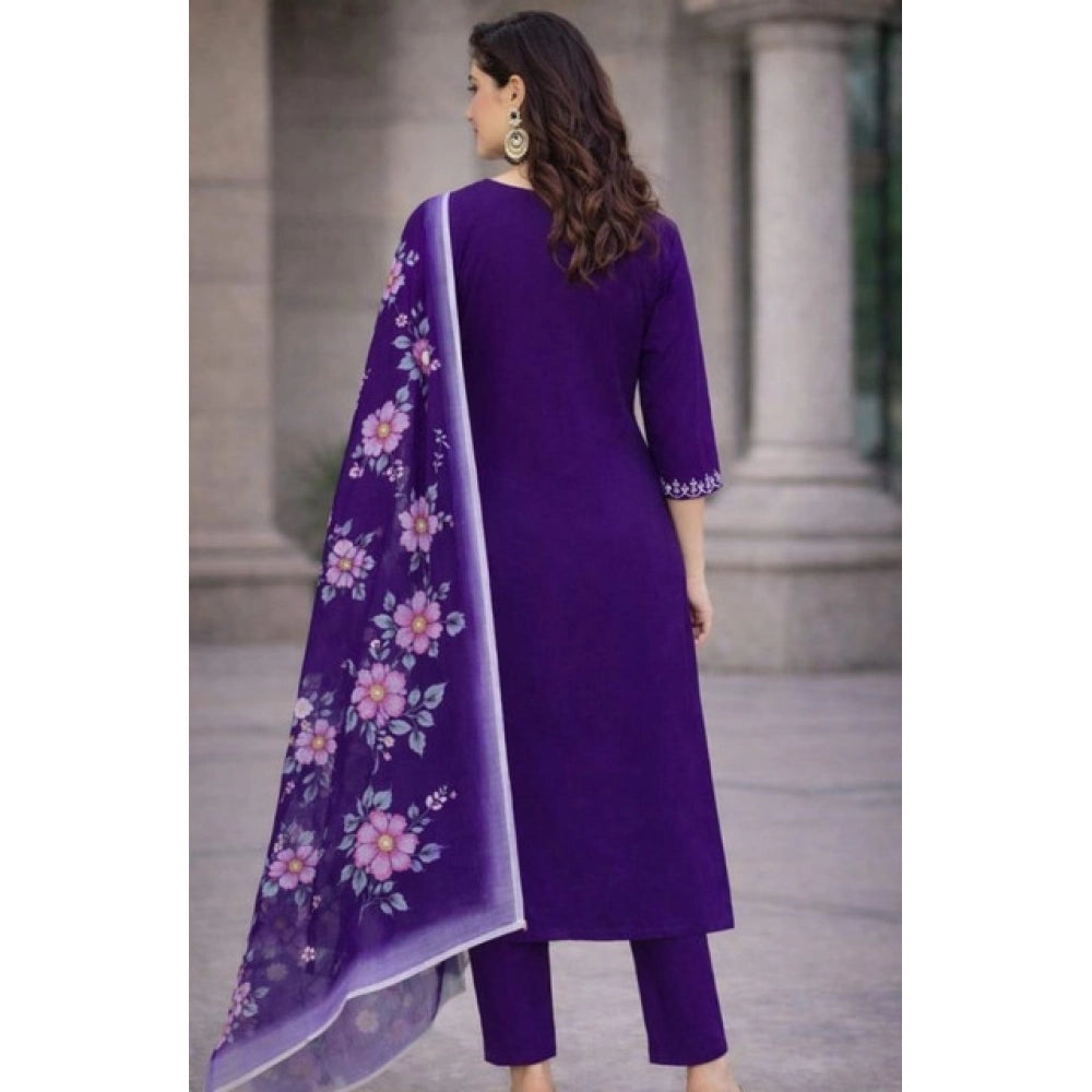 Snuggle Spot Women's Chanderi Silk Ethnic Motif V-Neck 3/4th Sleeve Kurti With Pant Dupatta Set (Purple)