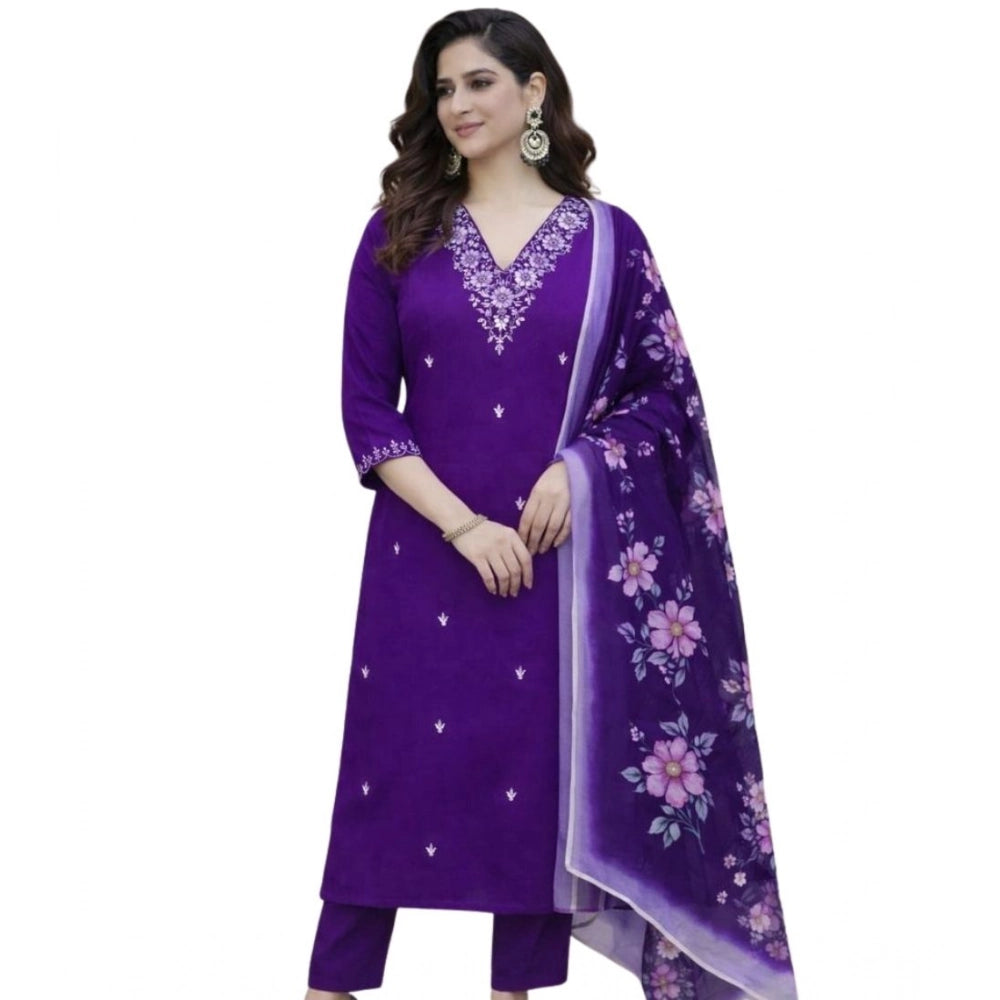 Snuggle Spot Women's Chanderi Silk Ethnic Motif V-Neck 3/4th Sleeve Kurti With Pant Dupatta Set (Purple)