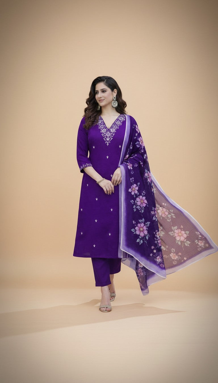 Snuggle Spot Women's Chanderi Silk Ethnic Motif V-Neck 3/4th Sleeve Kurti With Pant Dupatta Set (Purple)