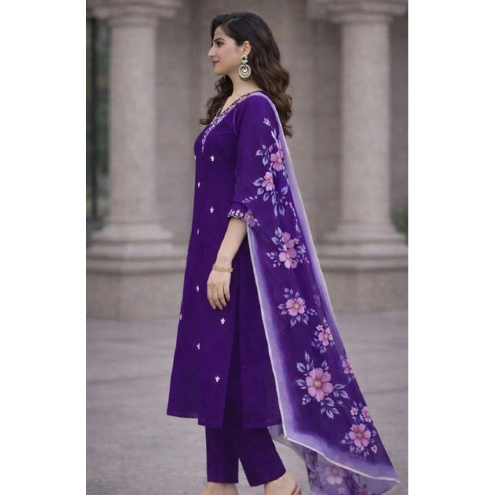 Snuggle Spot Women's Chanderi Silk Ethnic Motif V-Neck 3/4th Sleeve Kurti With Pant Dupatta Set (Purple)