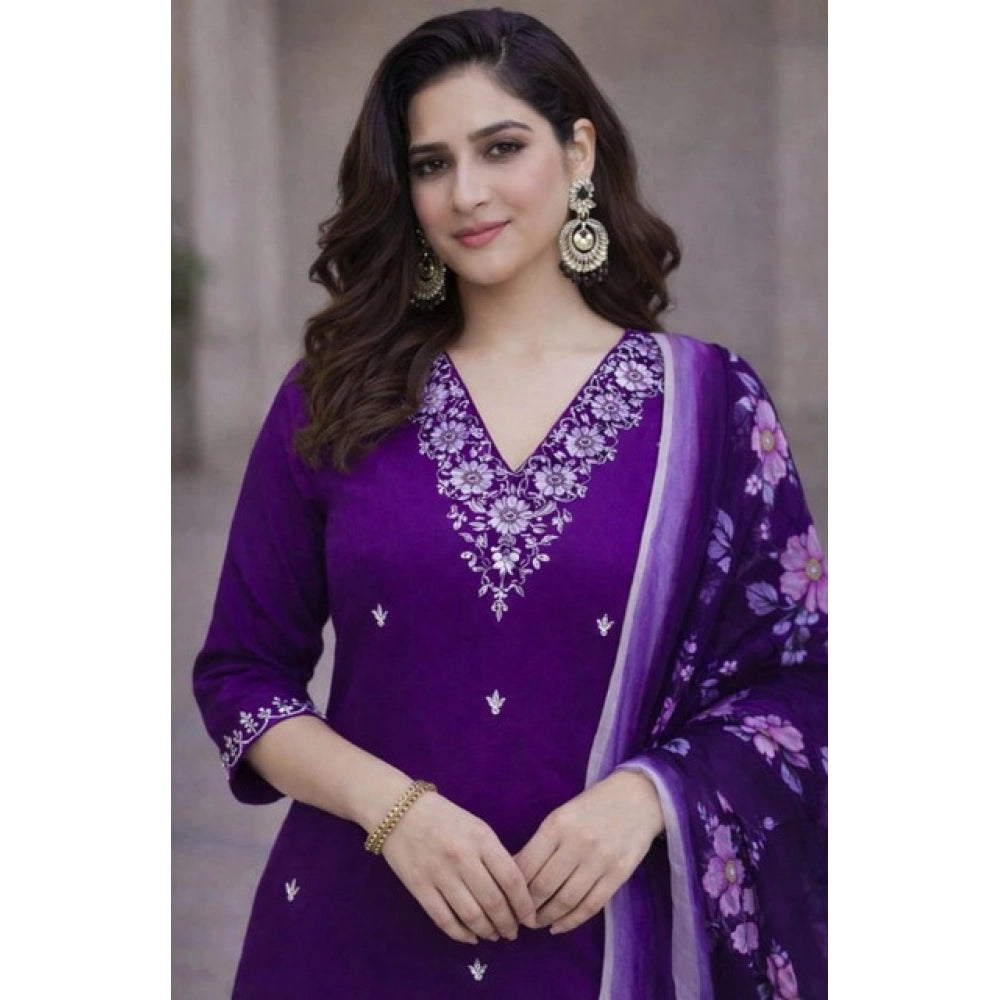 Snuggle Spot Women's Chanderi Silk Ethnic Motif V-Neck 3/4th Sleeve Kurti With Pant Dupatta Set (Purple)