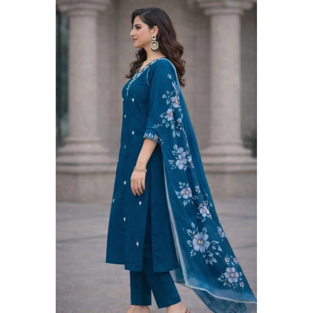 Snuggle Spot Women's Chanderi Silk Ethnic Motif V-Neck 3/4th Sleeve Kurti With Pant Dupatta Set (Teal)