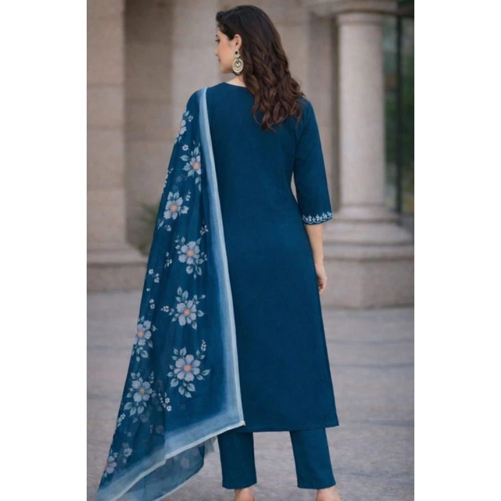 Snuggle Spot Women's Chanderi Silk Ethnic Motif V-Neck 3/4th Sleeve Kurti With Pant Dupatta Set (Teal)