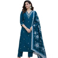 Snuggle Spot Women's Chanderi Silk Ethnic Motif V-Neck 3/4th Sleeve Kurti With Pant Dupatta Set (Teal)