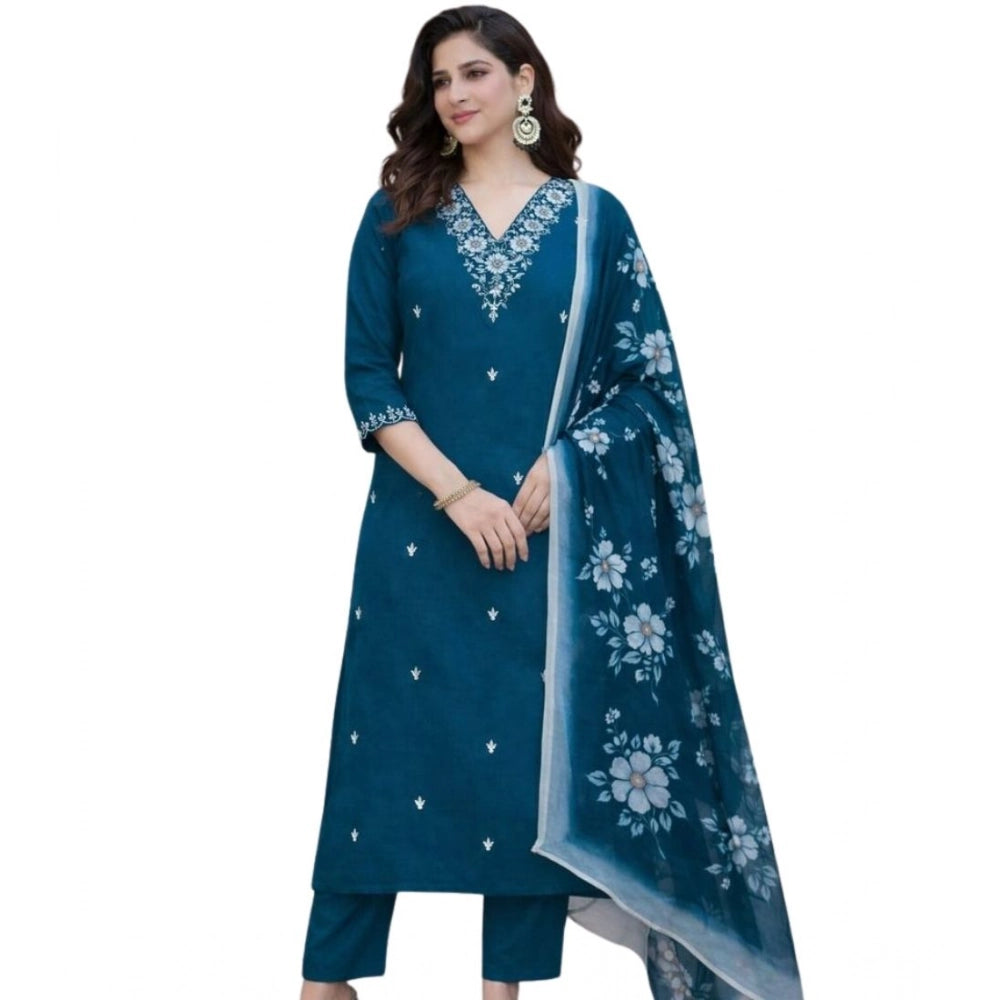 Snuggle Spot Women's Chanderi Silk Ethnic Motif V-Neck 3/4th Sleeve Kurti With Pant Dupatta Set (Teal)