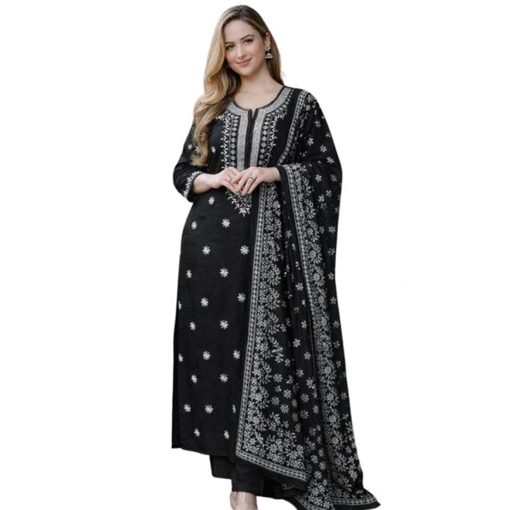Snuggle Spot Women's Chanderi Silk Ethnic Motif Round 3/4th Sleeve Kurti With Pant Dupatta Set (Black)