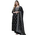 Snuggle Spot Women's Chanderi Silk Ethnic Motif Round 3/4th Sleeve Kurti With Pant Dupatta Set (Black)