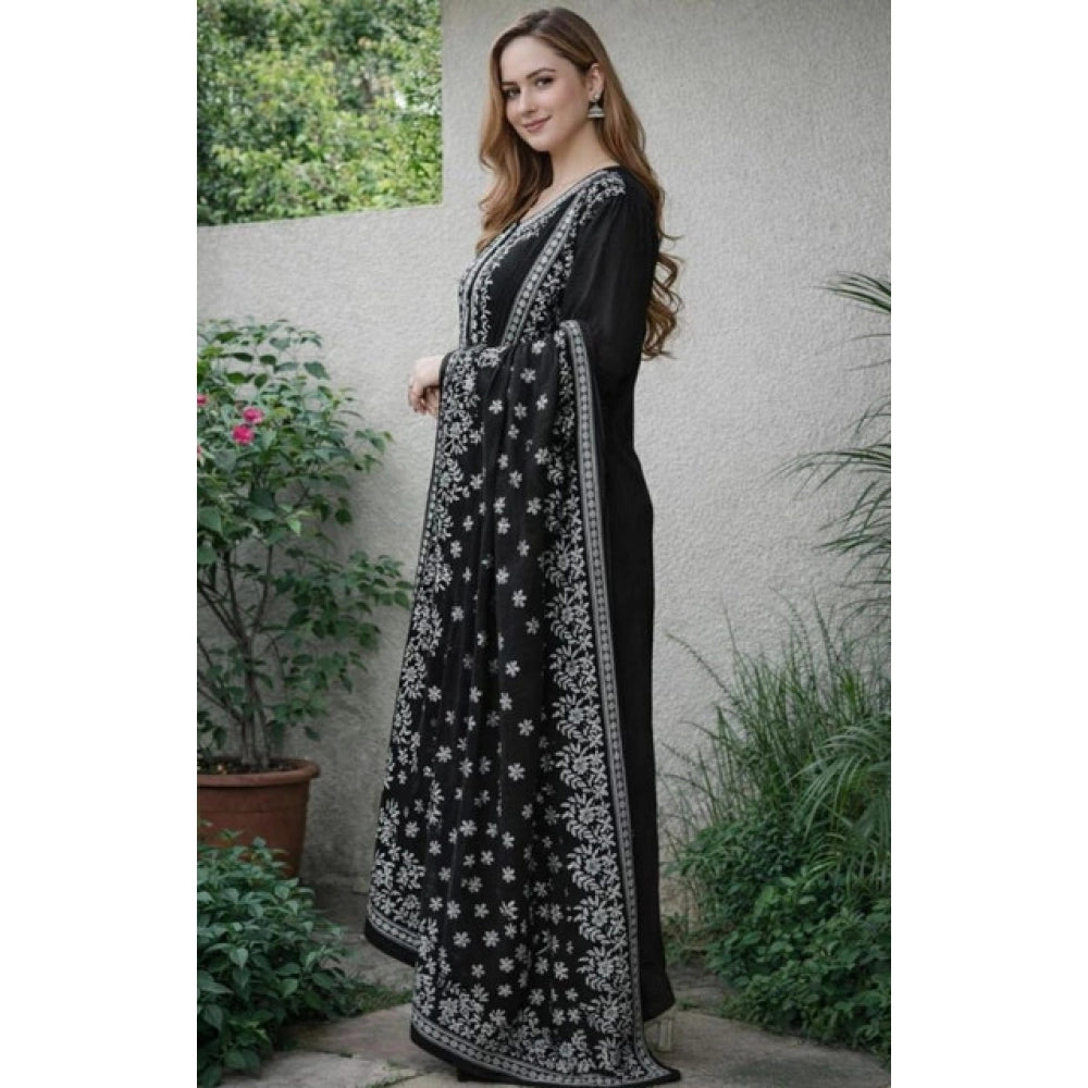 Snuggle Spot Women's Chanderi Silk Ethnic Motif Round 3/4th Sleeve Kurti With Pant Dupatta Set (Black)