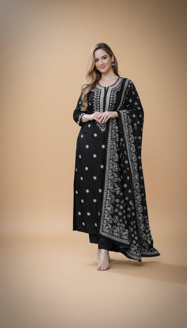 Snuggle Spot Women's Chanderi Silk Ethnic Motif Round 3/4th Sleeve Kurti With Pant Dupatta Set (Black)