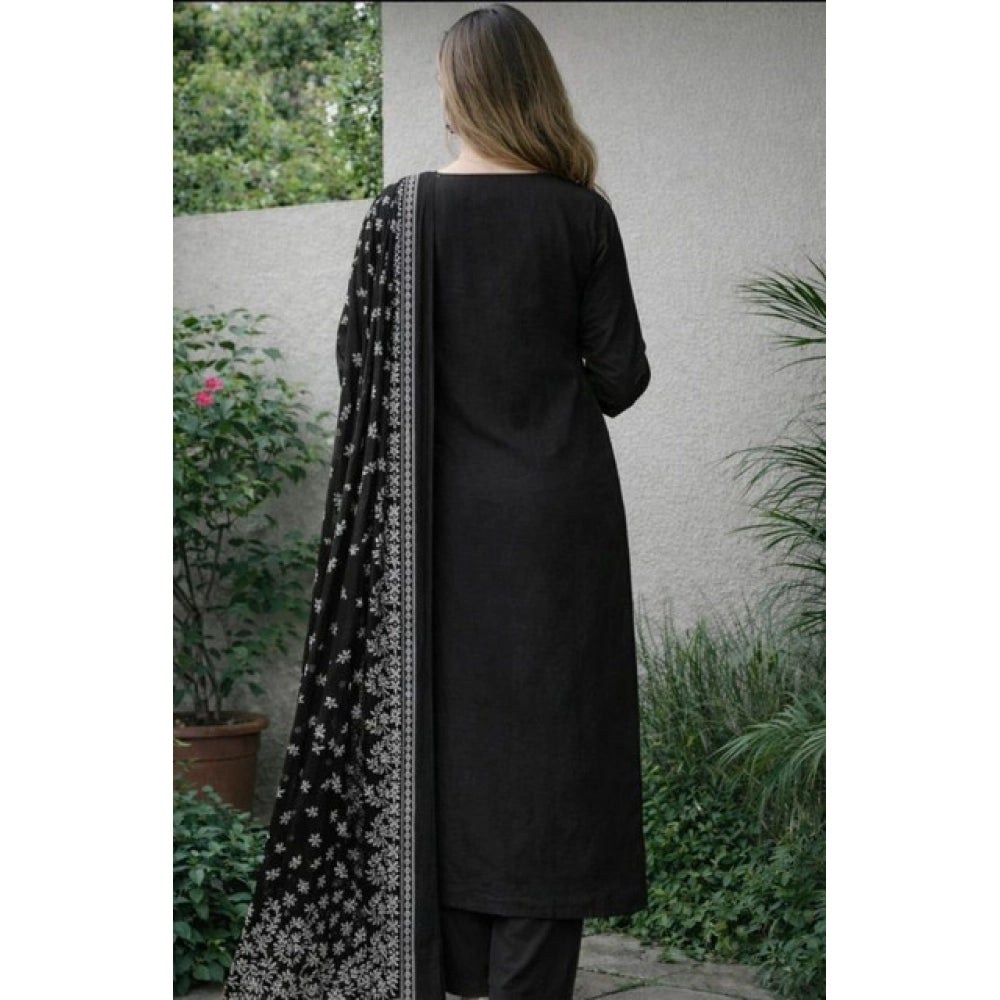 Snuggle Spot Women's Chanderi Silk Ethnic Motif Round 3/4th Sleeve Kurti With Pant Dupatta Set (Black)