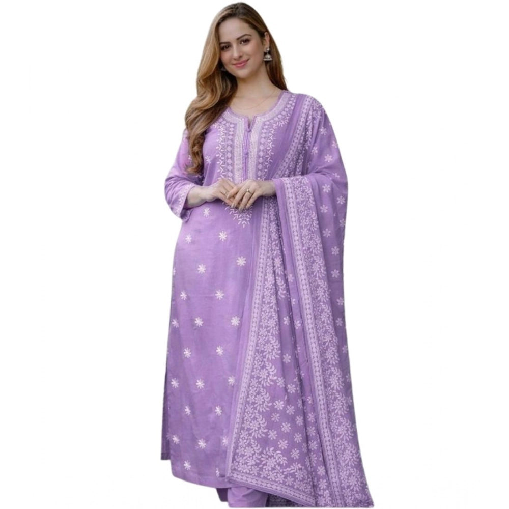 Snuggle Spot Women's Chanderi Silk Ethnic Motif Round 3/4th Sleeve Kurti With Pant Dupatta Set (Lavender)