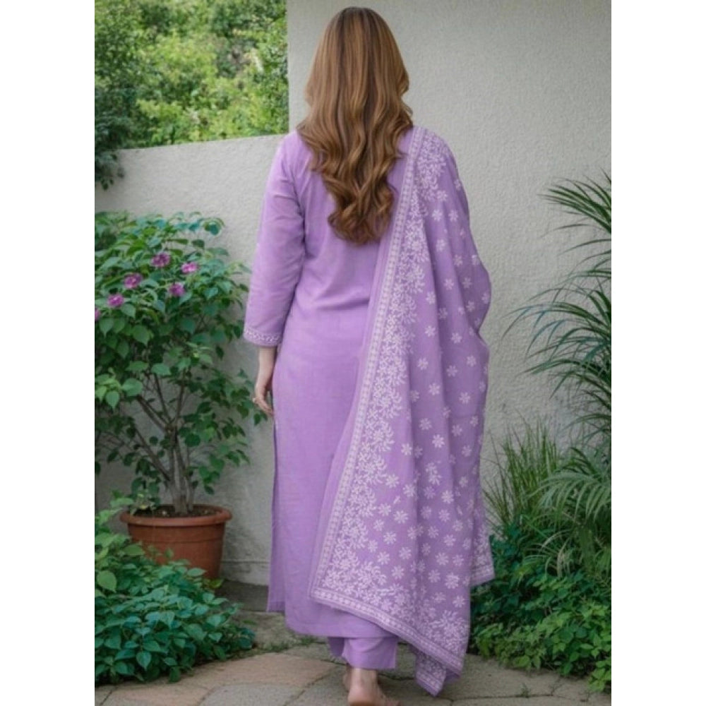 Snuggle Spot Women's Chanderi Silk Ethnic Motif Round 3/4th Sleeve Kurti With Pant Dupatta Set (Lavender)