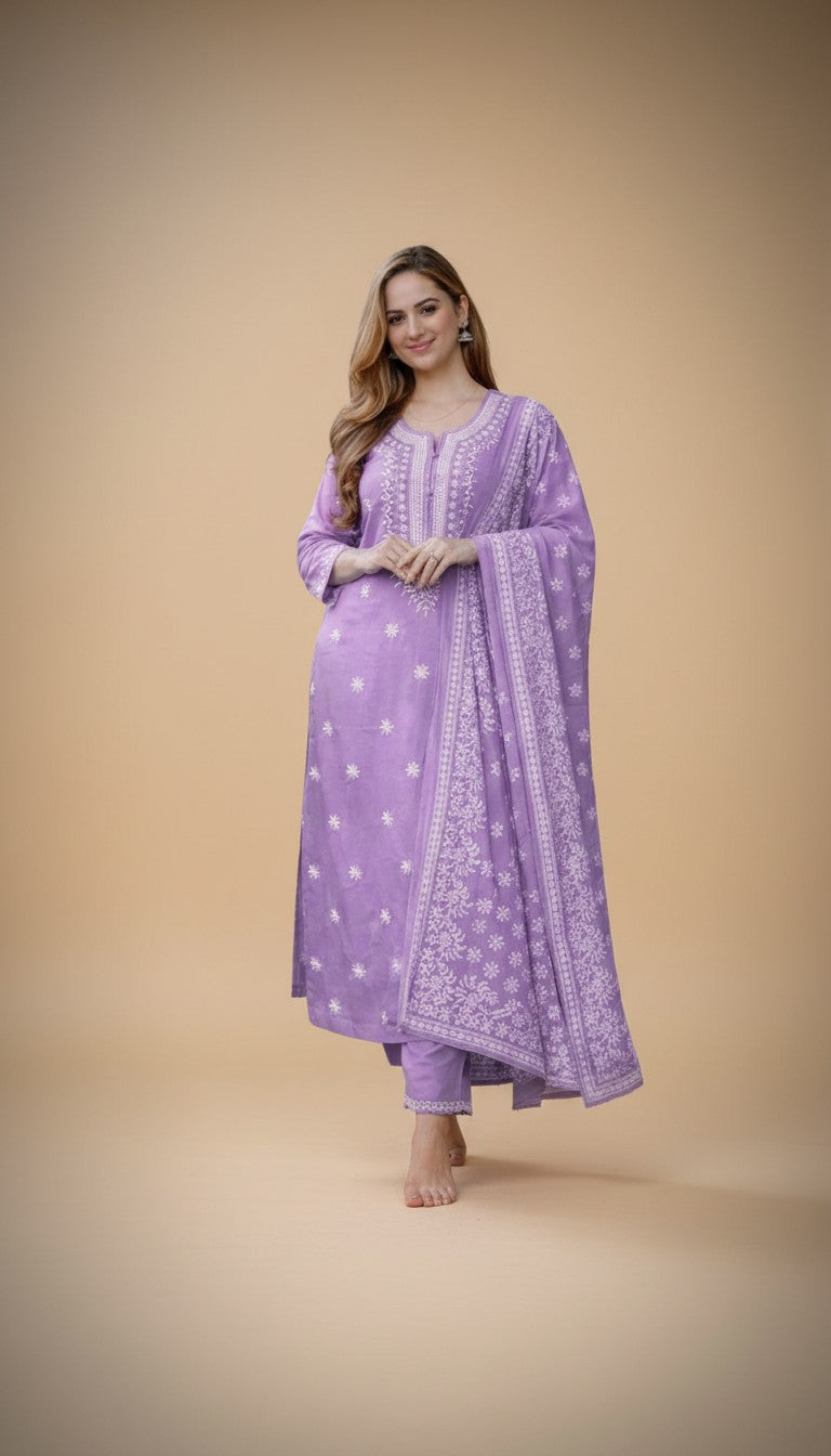 Snuggle Spot Women's Chanderi Silk Ethnic Motif Round 3/4th Sleeve Kurti With Pant Dupatta Set (Lavender)