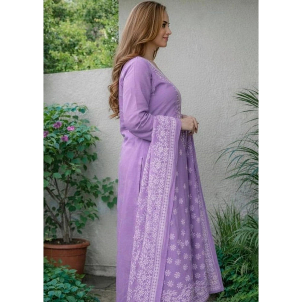 Snuggle Spot Women's Chanderi Silk Ethnic Motif Round 3/4th Sleeve Kurti With Pant Dupatta Set (Lavender)