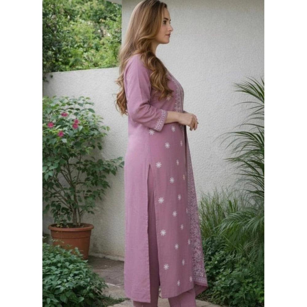 Snuggle Spot Women's Chanderi Silk Ethnic Motif Round 3/4th Sleeve Kurti With Pant Dupatta Set (Peach)