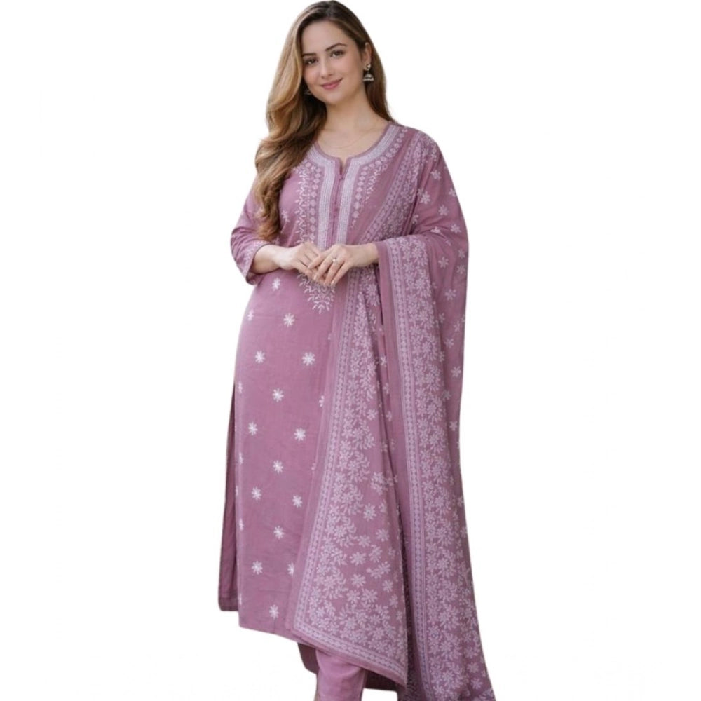 Snuggle Spot Women's Chanderi Silk Ethnic Motif Round 3/4th Sleeve Kurti With Pant Dupatta Set (Peach)