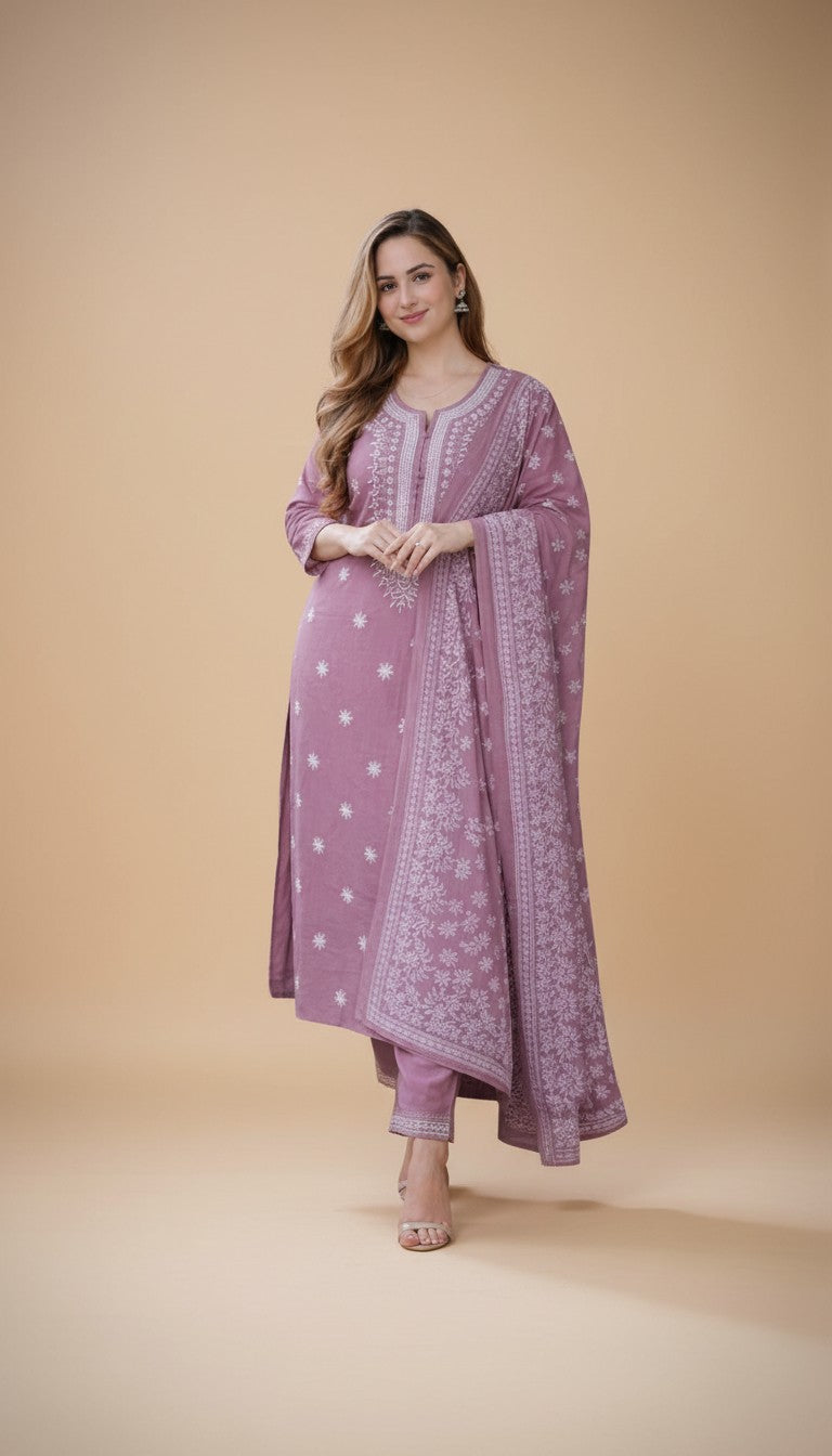 Snuggle Spot Women's Chanderi Silk Ethnic Motif Round 3/4th Sleeve Kurti With Pant Dupatta Set (Peach)