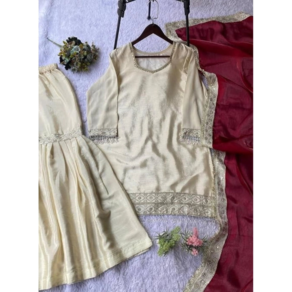 Snuggle Spot Women's Silk Embroidered 3/4th Sleeve V-Neck Kurti With Sharara Pant and Dupatta Set (Cream &amp; Brown)