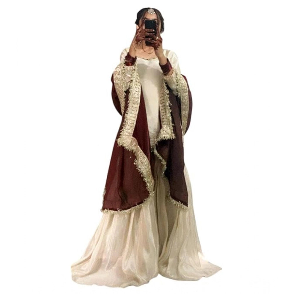 Snuggle Spot Women's Silk Embroidered 3/4th Sleeve V-Neck Kurti With Sharara Pant and Dupatta Set (Cream &amp; Brown)