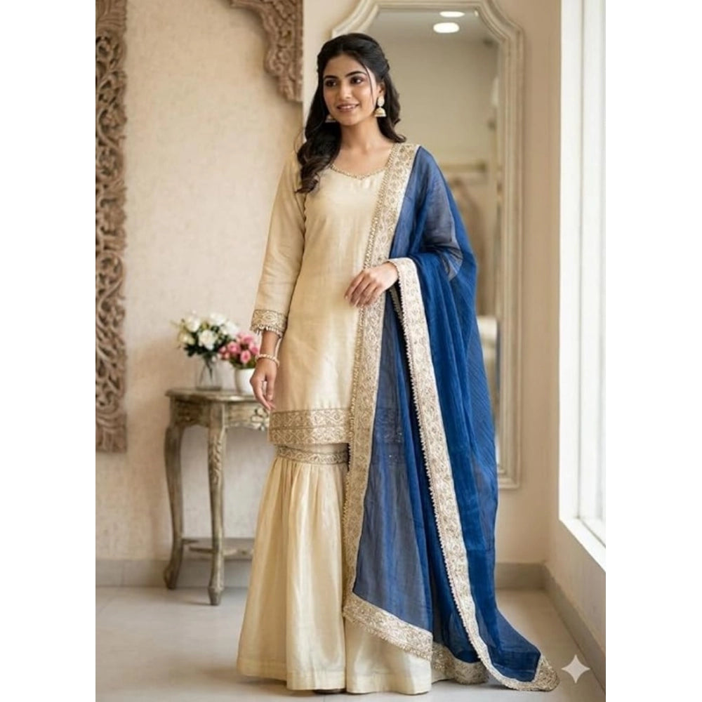 Snuggle Spot Women's Silk Embroidered 3/4th Sleeve V-Neck Kurti With Sharara Pant and Dupatta Set (Cream &amp; Blue)