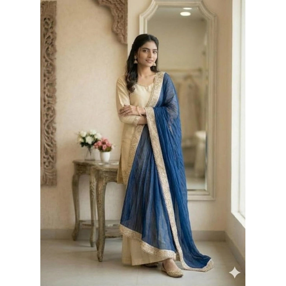 Snuggle Spot Women's Silk Embroidered 3/4th Sleeve V-Neck Kurti With Sharara Pant and Dupatta Set (Cream &amp; Blue)