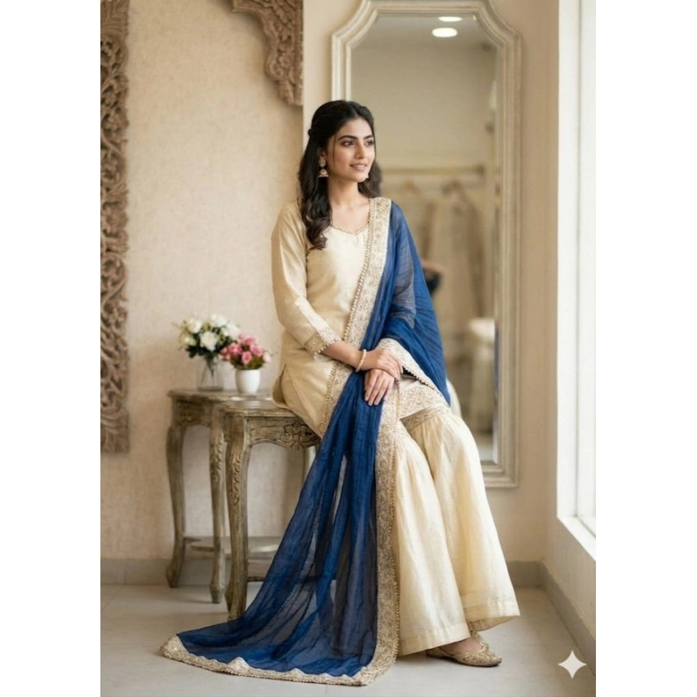 Snuggle Spot Women's Silk Embroidered 3/4th Sleeve V-Neck Kurti With Sharara Pant and Dupatta Set (Cream &amp; Blue)