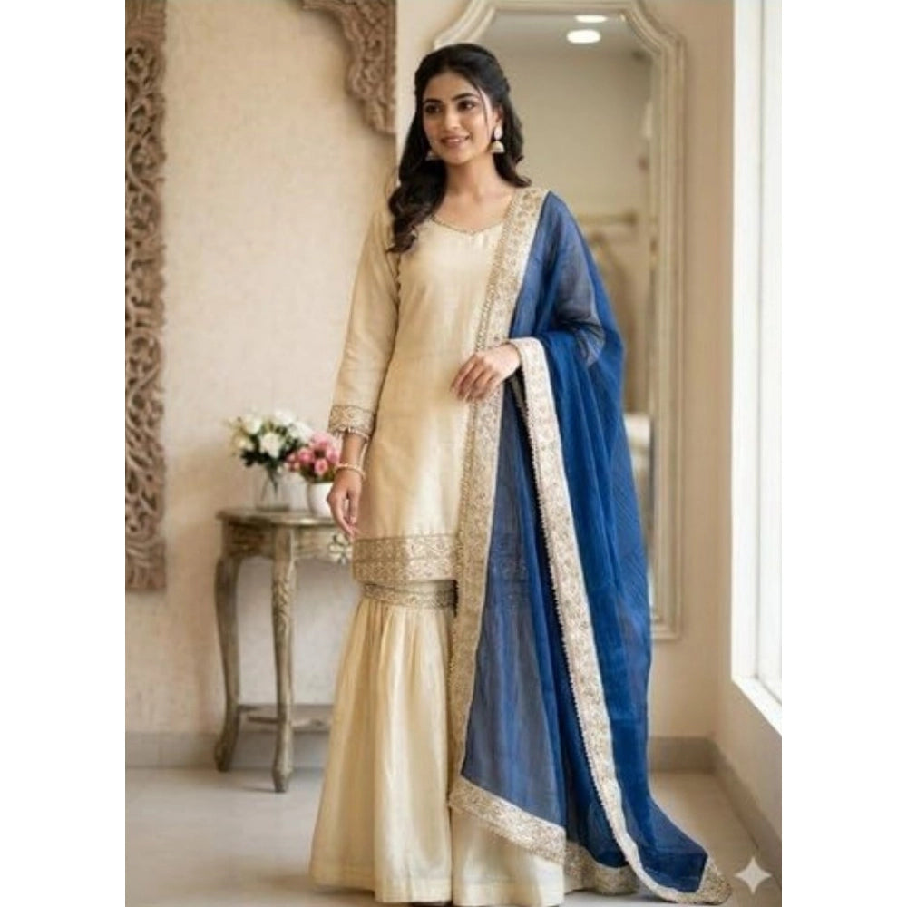 Snuggle Spot Women's Silk Embroidered 3/4th Sleeve V-Neck Kurti With Sharara Pant and Dupatta Set (Cream &amp; Blue)