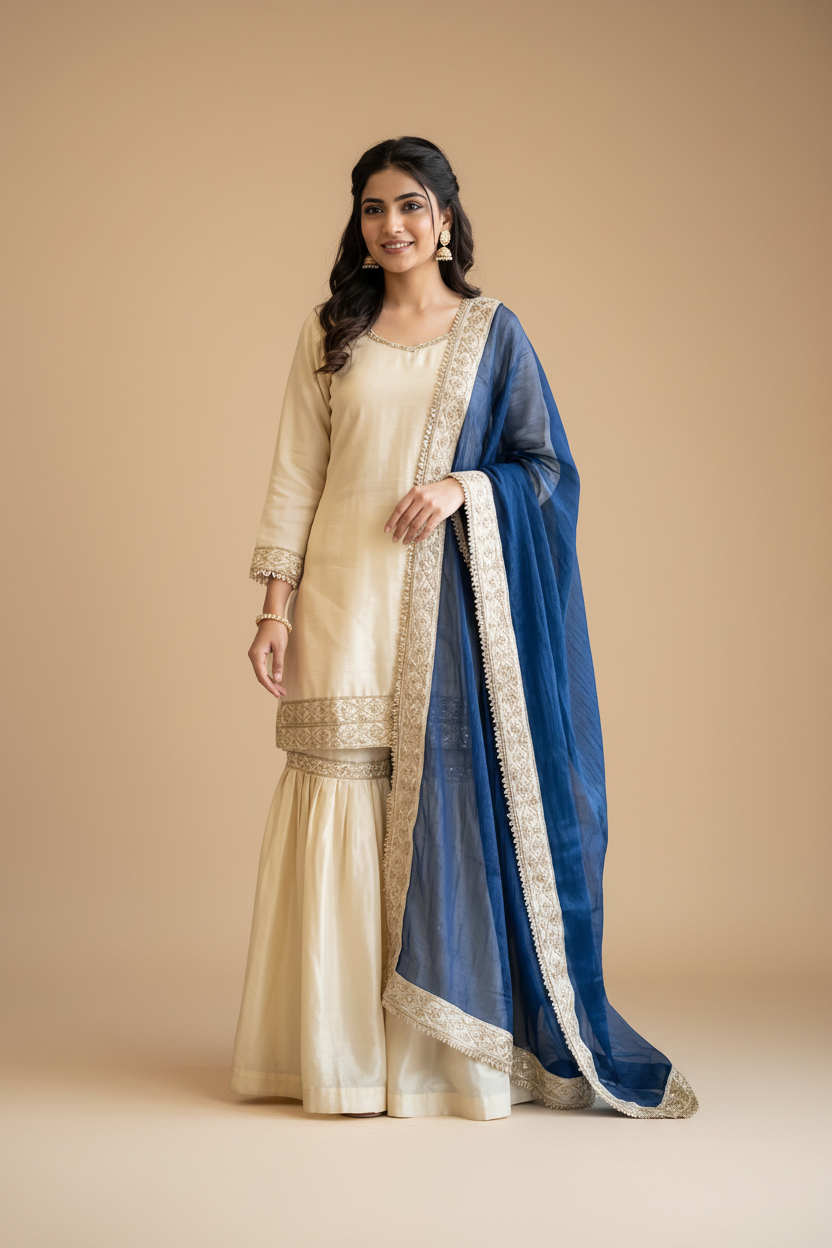 Snuggle Spot Women's Silk Embroidered 3/4th Sleeve V-Neck Kurti With Sharara Pant and Dupatta Set (Cream &amp; Blue)
