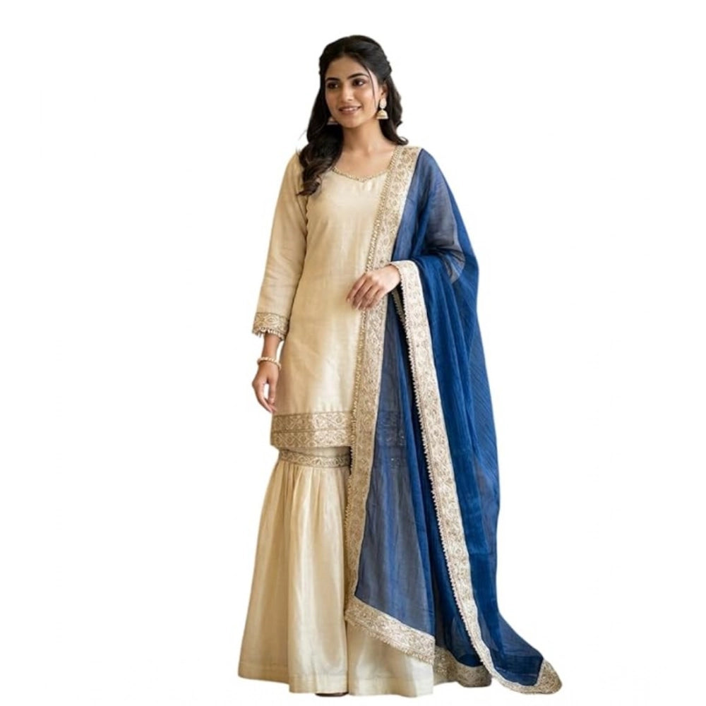 Snuggle Spot Women's Silk Embroidered 3/4th Sleeve V-Neck Kurti With Sharara Pant and Dupatta Set (Cream &amp; Blue)
