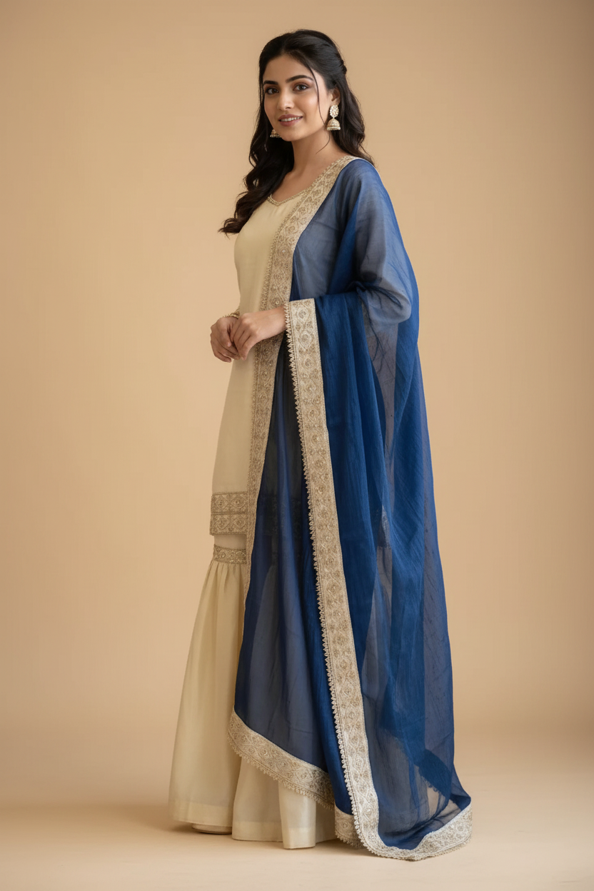 Snuggle Spot Women's Silk Embroidered 3/4th Sleeve V-Neck Kurti With Sharara Pant and Dupatta Set (Cream &amp; Blue)