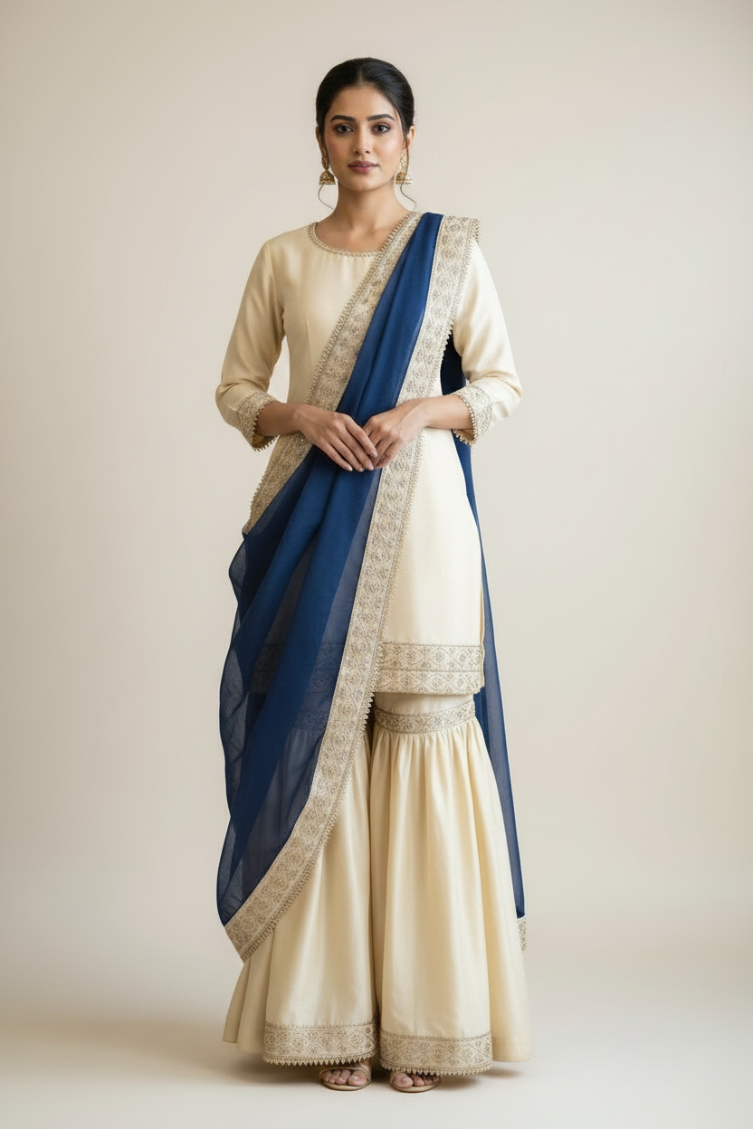 Snuggle Spot Women's Silk Embroidered 3/4th Sleeve V-Neck Kurti With Sharara Pant and Dupatta Set (Cream &amp; Blue)