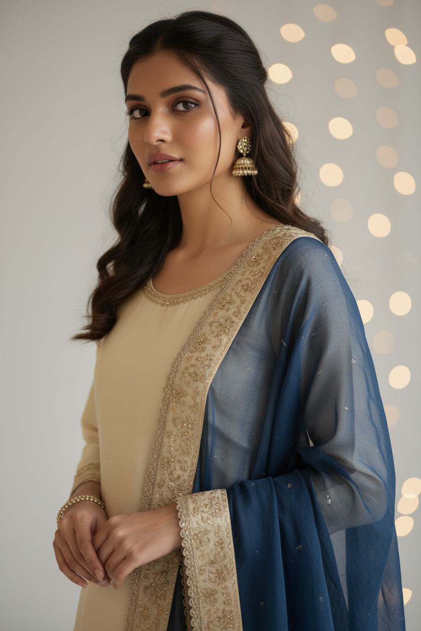 Snuggle Spot Women's Silk Embroidered 3/4th Sleeve V-Neck Kurti With Sharara Pant and Dupatta Set (Cream &amp; Blue)