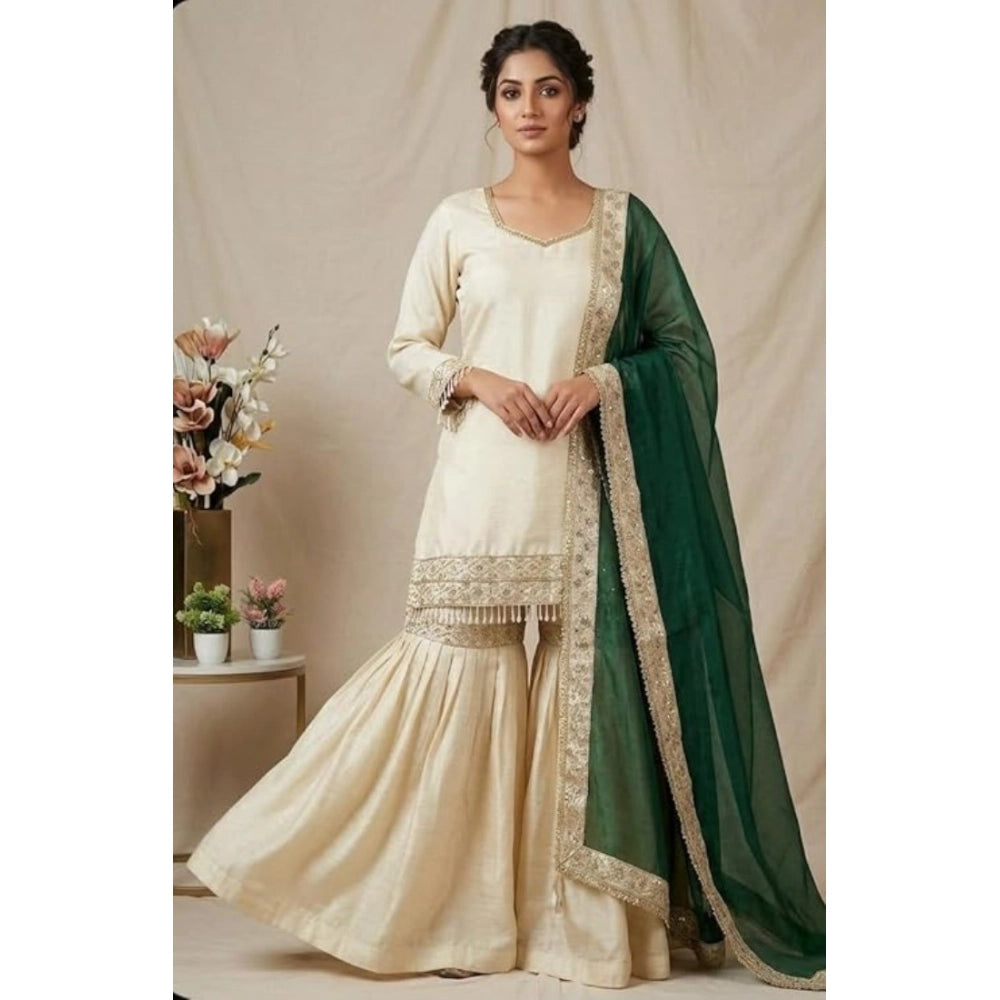 Snuggle Spot Women's Silk Embroidered 3/4th Sleeve V-Neck Kurti With Sharara Pant and Dupatta Set (Cream &amp; Bottle Green)