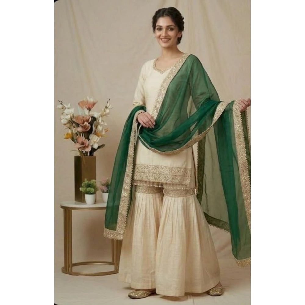 Snuggle Spot Women's Silk Embroidered 3/4th Sleeve V-Neck Kurti With Sharara Pant and Dupatta Set (Cream &amp; Bottle Green)