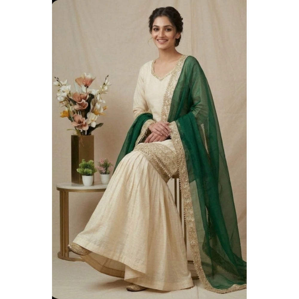 Snuggle Spot Women's Silk Embroidered 3/4th Sleeve V-Neck Kurti With Sharara Pant and Dupatta Set (Cream &amp; Bottle Green)