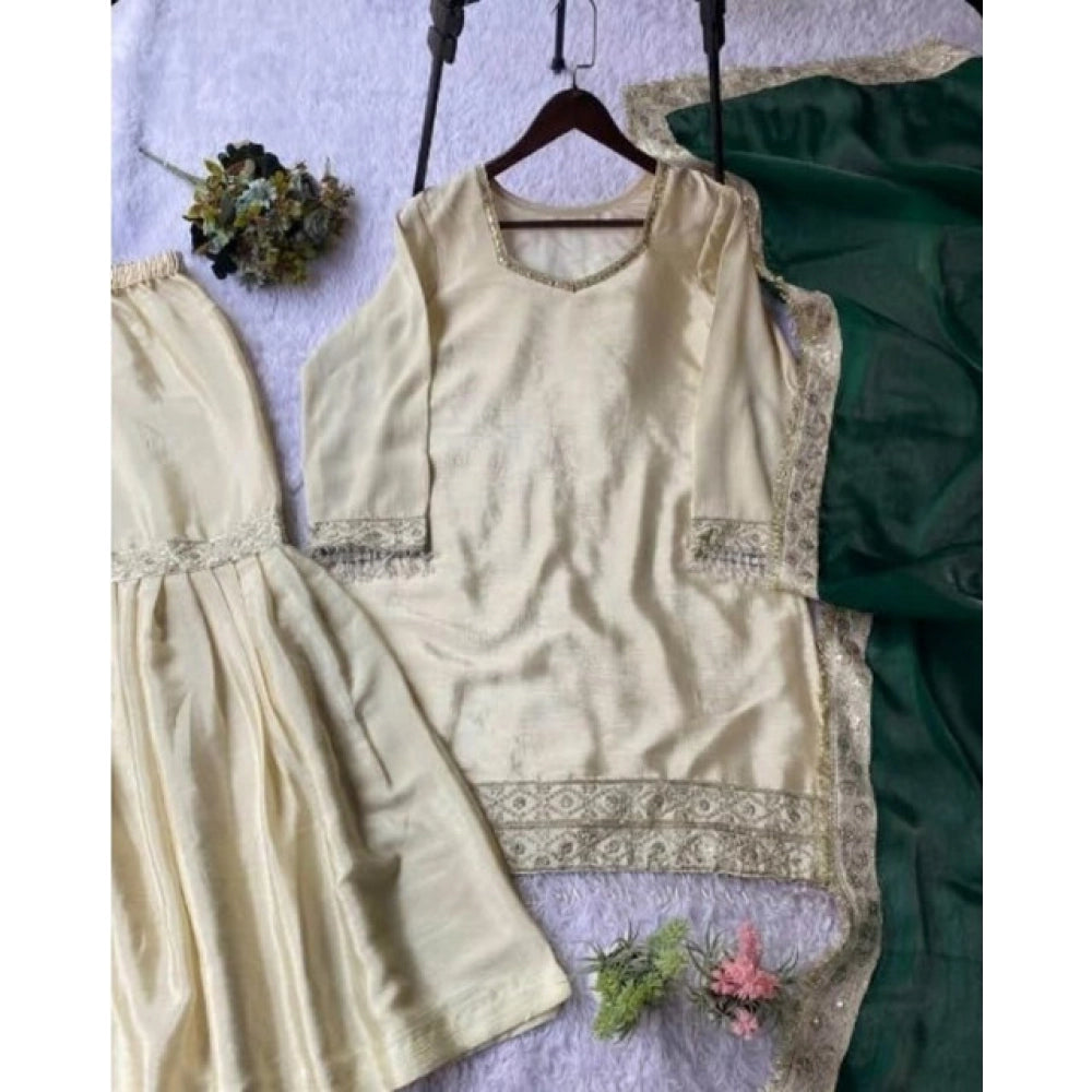 Snuggle Spot Women's Silk Embroidered 3/4th Sleeve V-Neck Kurti With Sharara Pant and Dupatta Set (Cream &amp; Bottle Green)