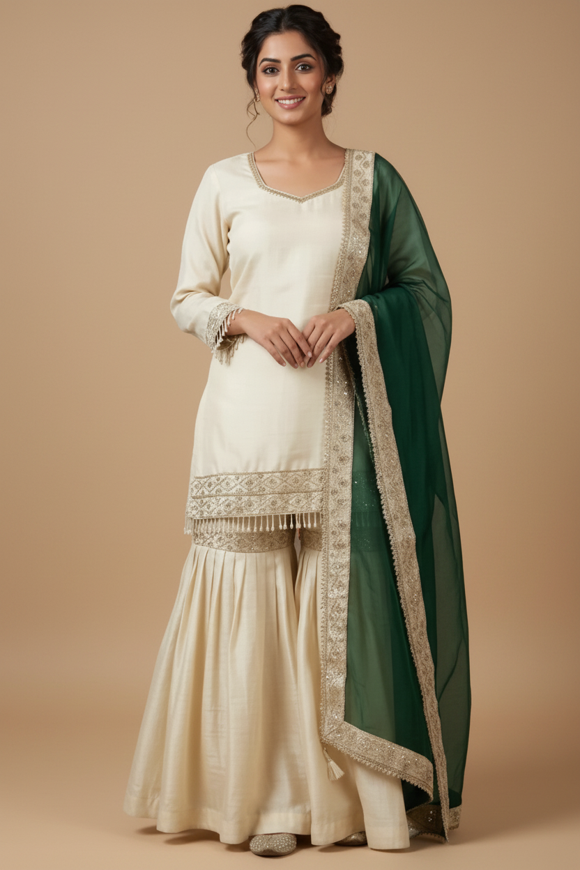 Snuggle Spot Women's Silk Embroidered 3/4th Sleeve V-Neck Kurti With Sharara Pant and Dupatta Set (Cream &amp; Bottle Green)
