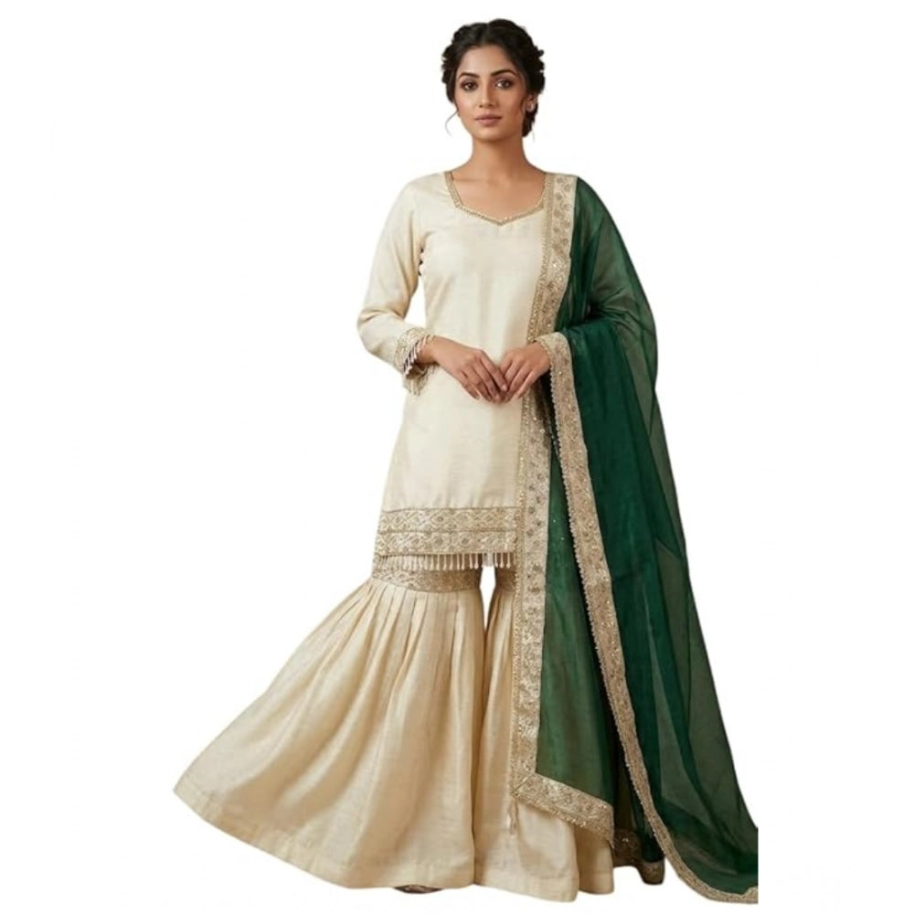 Snuggle Spot Women's Silk Embroidered 3/4th Sleeve V-Neck Kurti With Sharara Pant and Dupatta Set (Cream &amp; Bottle Green)