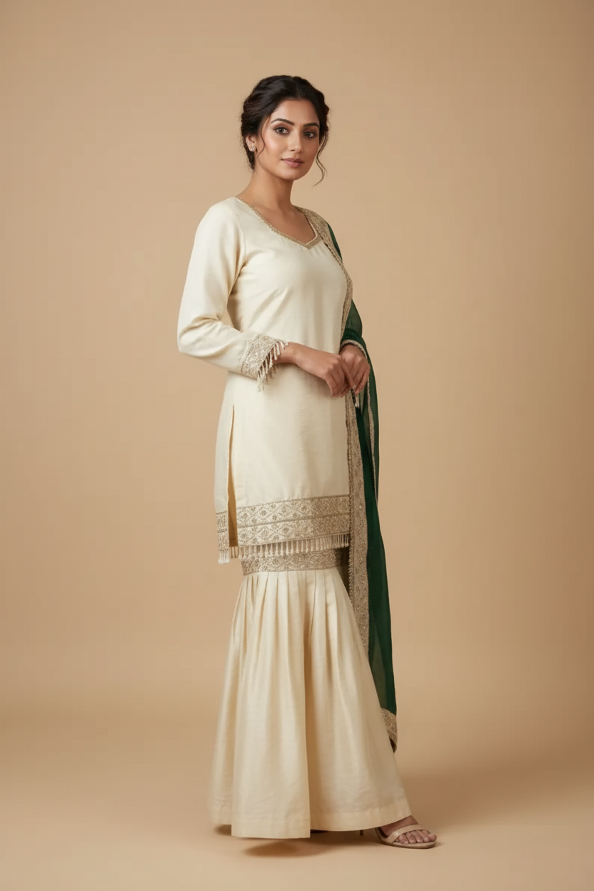 Snuggle Spot Women's Silk Embroidered 3/4th Sleeve V-Neck Kurti With Sharara Pant and Dupatta Set (Cream &amp; Bottle Green)