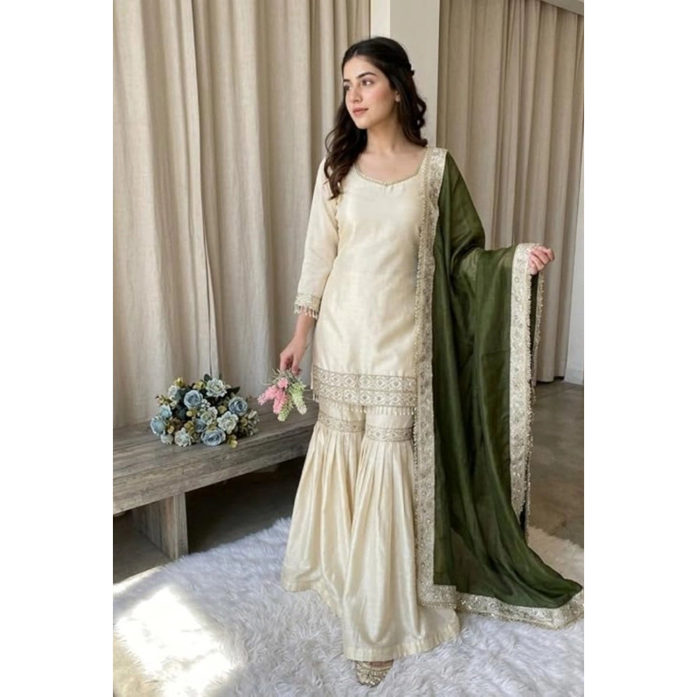 Snuggle Spot Women's Silk Embroidered 3/4th Sleeve V-Neck Kurti With Sharara Pant and Dupatta Set (Cream &amp; Green)